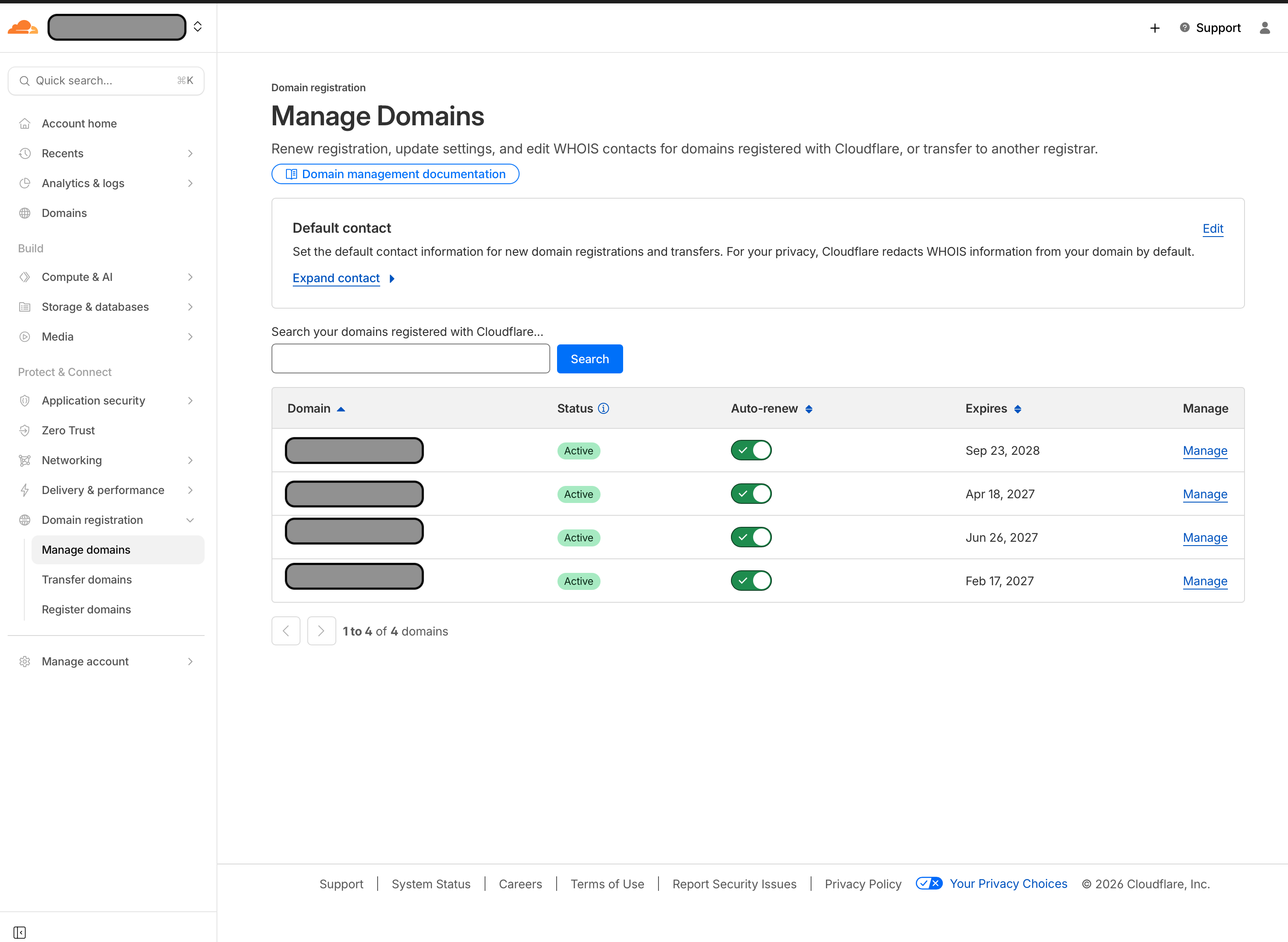 Cloudflare Manage Domains showing Active status