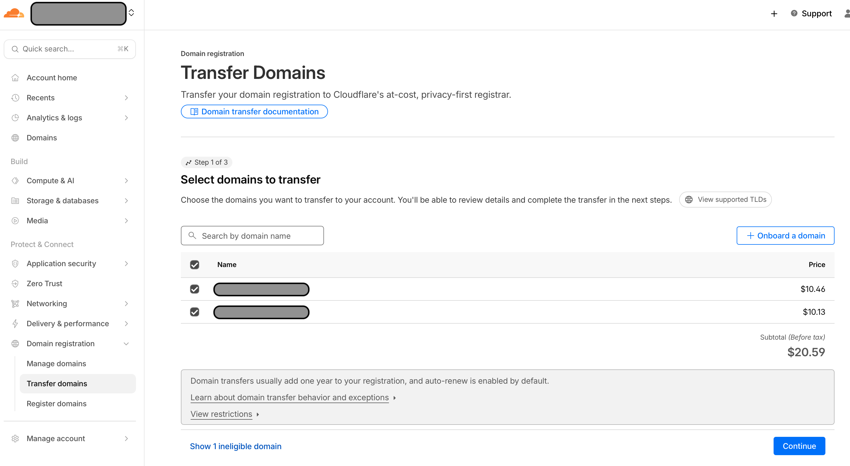 Cloudflare Transfer Domains page