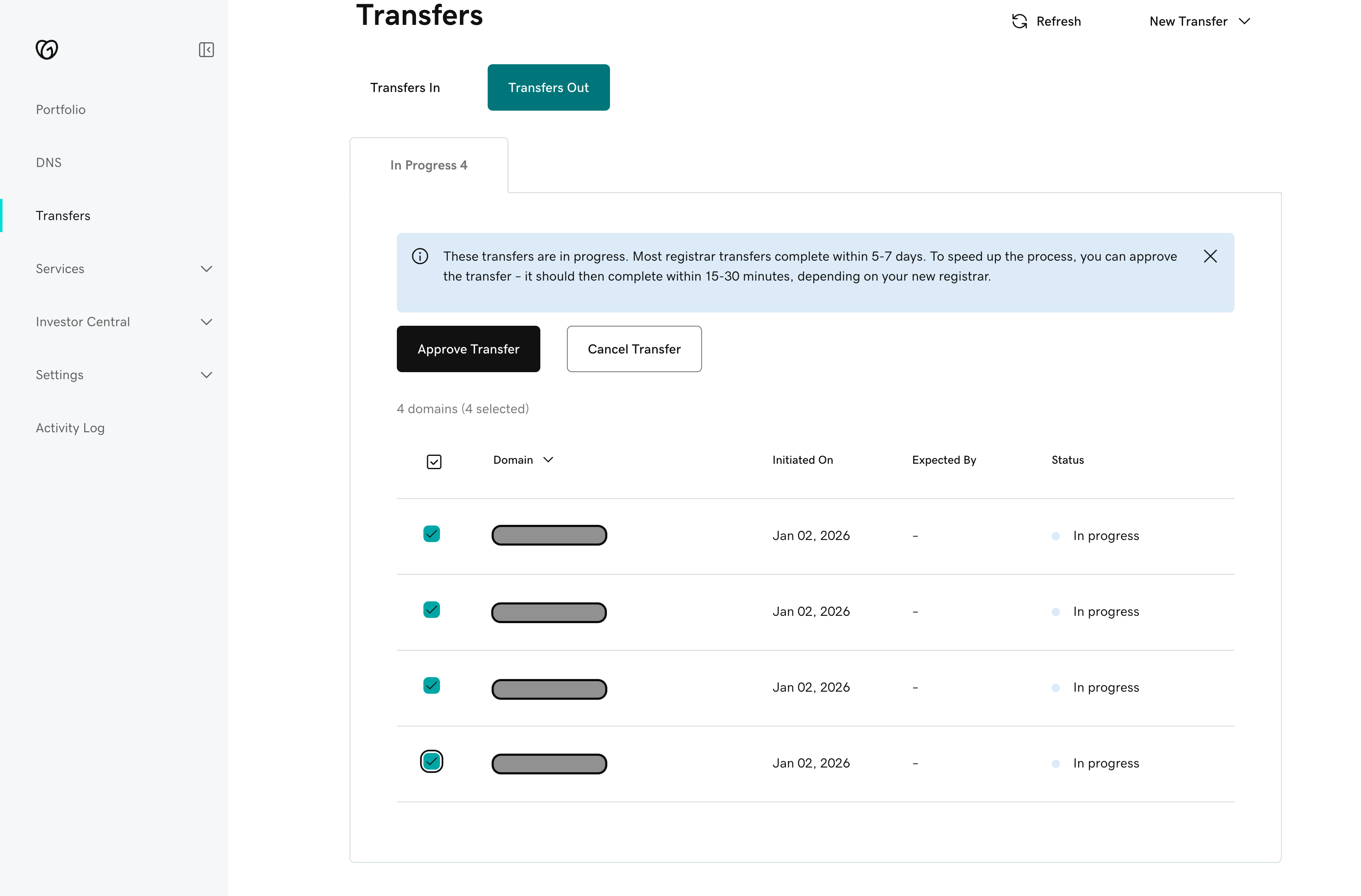 GoDaddy Approve Transfer page