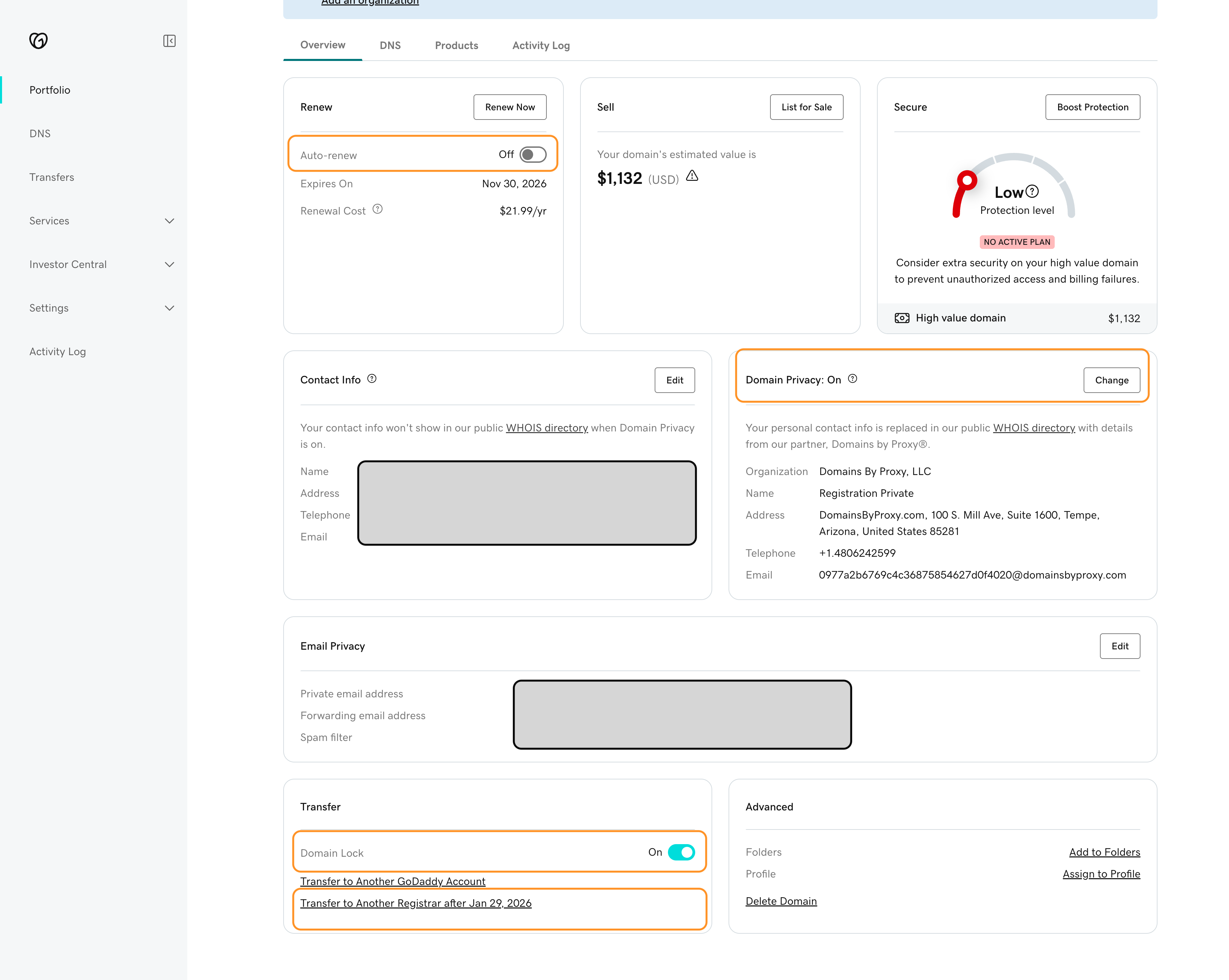 GoDaddy domain settings page