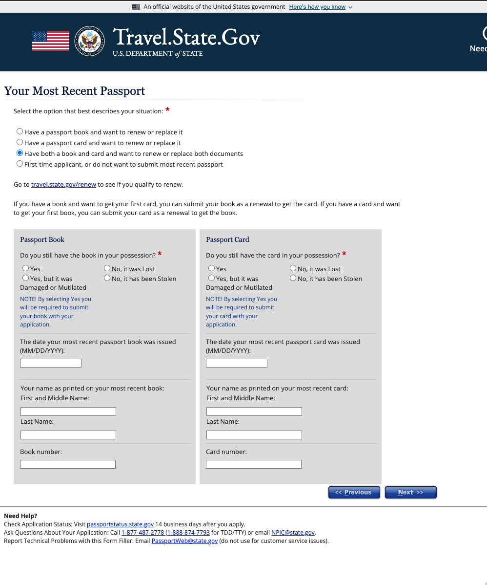 The Most Recent Passport screen in the State Department Form Filler, showing parallel panels for passport book and passport card