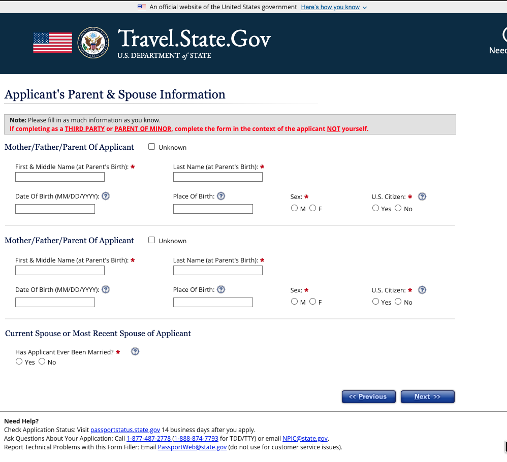 The Applicant's Parent and Spouse Information screen in the Form Filler, requesting names, dates of birth, places of birth, sex, and citizenship for two parents